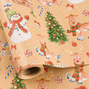 Christmas Wrapping Paper Kraft Reindeer Snowman Tree 17 In X 32.8 Ft Holiday Gift <b>Wrap</b> - Product Image 1