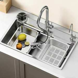 Fregadero de cocina empotrado multifuncional de un solo seno con ranura profunda, moderno y hecho a mano. - Product Image 1