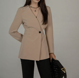 Elegante Giacca <span class=keywords><strong>Blazer</strong></span> Monopetto Beige con Bottoni, Scollo a V, Lunga e Traspirante per Donna - Product Image 6