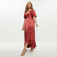 Nouvelle Collection Personnalisation Été Col V Manches Courtes Volants Ourlet Wrap Front Casual Plus Size Maxi Long Dress pour Femmes