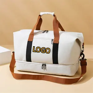 Custom Logo Women Canvas Gym Fitness Duffel Bag Travel Tote Shoes Compartment Weekender Overnight Tote Large Capacity Travel Bag