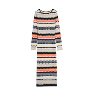 Vestido Midi de Punto Ajustado con Cuello Redondo y Manga Larga a Rayas y Bloques de Color para Mujer, Estilo Vintage Francés, Primavera, ODM - Product Image 5