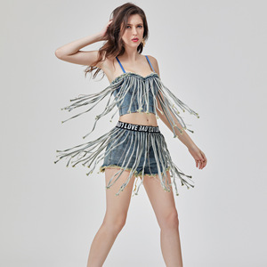 Venta caliente belleza espalda sin mangas Fishbone Slim Fit moda Sexy Denim camisola pantalones cortos <span class=keywords><strong>traje</strong></span> conjunto - Product Image 2