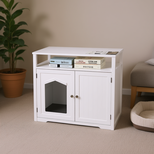 Enclos en bois pour litière de chat avec rangement intégré, toilettes dissimulées pour chats, mobilier pour animaux de compagnie, blanc, rectangulaire, style simple - Product Image 2