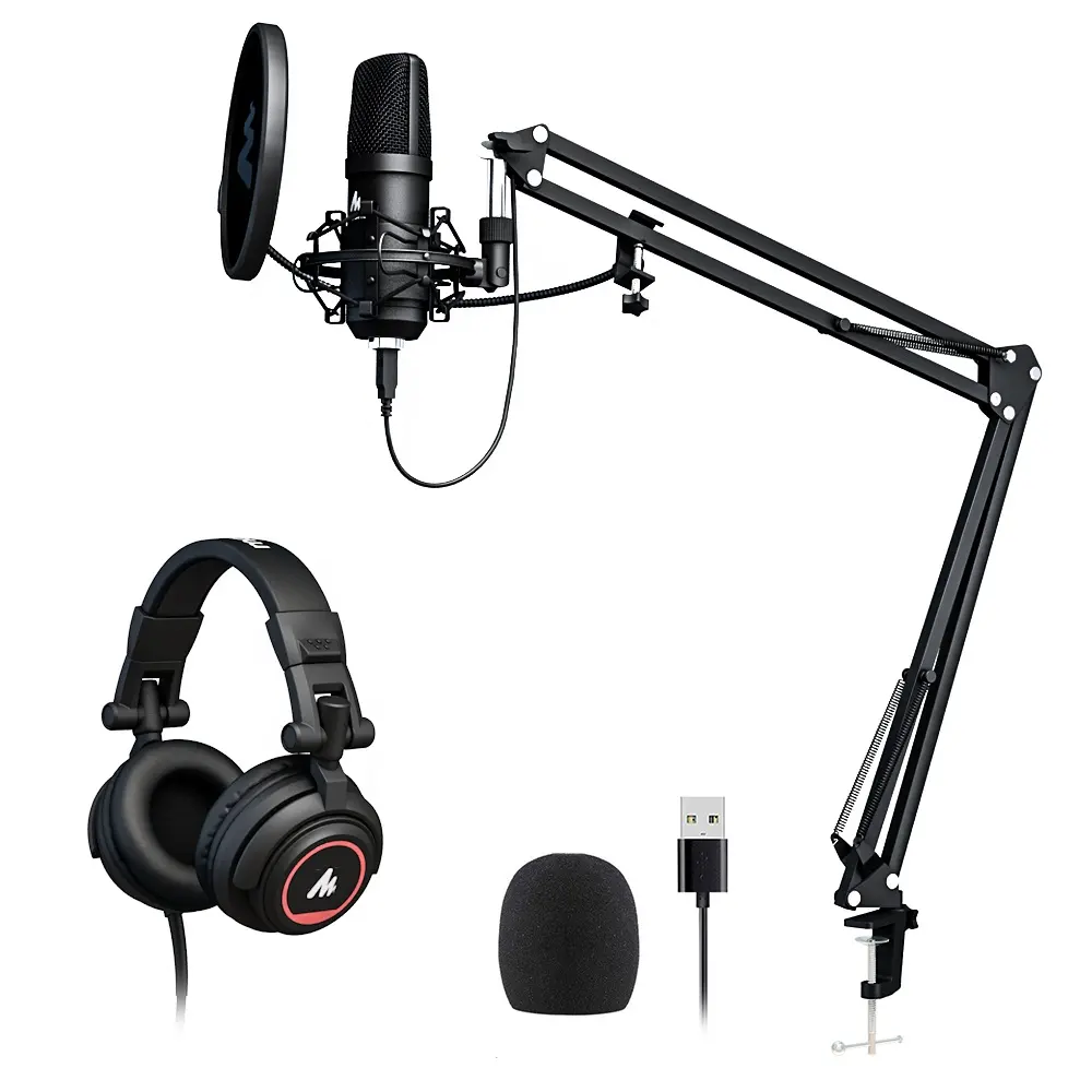 MAONO Kit Mikrofon Kondensor Electret PC, Mikrofon Kondensor PC Electret dengan Monitor Podcasting, Headphone untuk Bermain Gim, Mikrofon USB Studio Logam Penuh