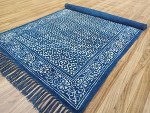 Handmade Indigo Cotton Dhurrie Rug <b>Block</b> Print Carpet Bohemian Floor Rug Home Decor - Product Image 3