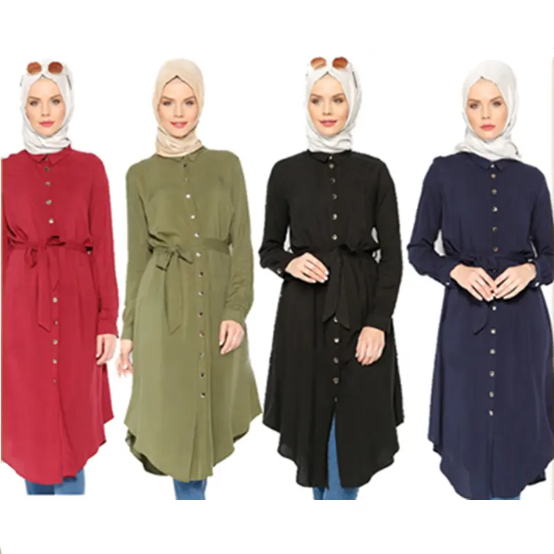 Camisa de manga larga para mujer, blusa lisa de talla grande musulmana, larga, de algodón, venta al por mayor