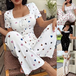 Conjunto de pijama acanalado con estampado de corazones para mujer, top con cuello cuadrado y lazo de encaje, pantalones de pierna ancha de cintura alta, ropa de descanso informal y dulce, tallas S-XL, varios colores - Product Image 3