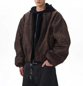 Kustom mode palsu dua potong kulit PU jalanan tinggi penutup ritsleting jaket Bomber bertudung tahan angin untuk pria produsen jaket - Product Image 2