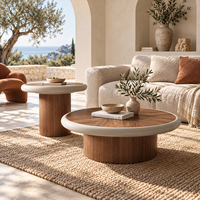 Ensemble de tables basses et d'appoint rondes en noyer de luxe avec base tambour crème, mobilier moderne pour salon, OEM ODM, vente en gros