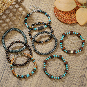 Bracciale Vintage Europeo Americano Fatto a Mano con Perline in Legno Unisex Multistrato Impilabile Set di Bracciali con Perline di Turchese Senza Placcatura Metallica - Product Image 2