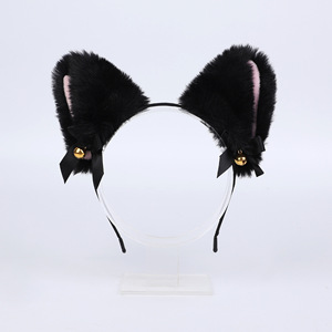 Serre-tête décoratif en peluche avec oreilles de chat et clochettes, noir, rose, blanc, avec nœud, pour fête, usage adulte - Product Image 2