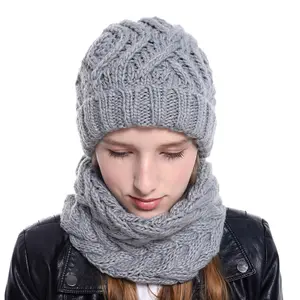 Sombreros de Invierno para mujer, Boina tejida con Cable, gorro elástico de ganchillo, gorro de Calavera, conjunto de bufanda