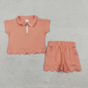 Wholesale Toddler Girls <b>Peach</b> Scallop Polo Short Set, Half-Zip Collared <b>Top</b> with Pocket Shorts, Kids Summer Casual Outfit - Product Image 2