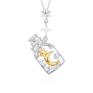 HAIKE Original 925 Sterling Silver Gold Plated 2 Tone Zircon Fashion Versatile Starry Moon Women's Necklace