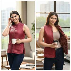 เสื้อกั๊กผ้าควิลท์สีแดงสำหรับผู้หญิง เสื้อแจ็คเก็ตแขนกุดสไตล์ชาติพันธุ์ เสื้อคลุมอินโดเวสเทิร์นลำลองทันสมัย เสื้อคุर्ติสั้นแบบมีซับใน - Product Image 3