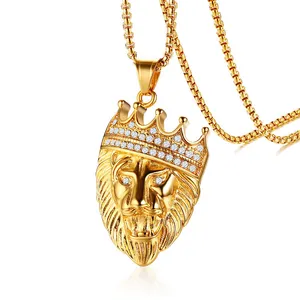 18K זהב מצופה נירוסטה זהב מלך אריות תליון שרשרת Mens כיכר פנינה שרשרת האריה ראש תליון שרשרת