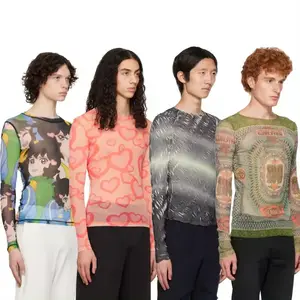 Custom digital graphic pattern printed fashion men's mesh breathable skinny boxy top long sleeves t-shirt