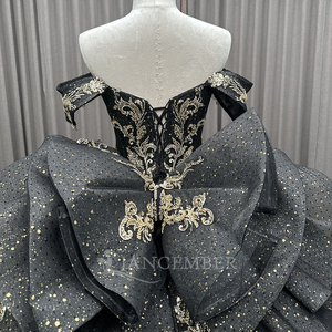 Elegante Vestido de Quinceañera Negro con Hombros Descubiertos LSMC54, Apliques de Encaje Metálico, Corpiño Transparente, Bordado, Cuentas, Lentejuelas, Estilo Natural - Product Image 6