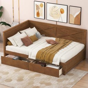 Kích thước đôi ngu gục với 2 ngăn kéo lưu trữ, phong cách mộc mạc rắn góc gỗ khung giường với đá đen - Product Image 1