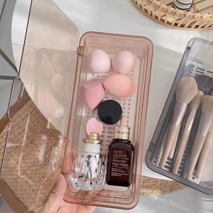 Rectangular Makeup Brush <b>Storage</b> Box With Lid Plastic Cosmetic Organizer For <b>Dressing</b> <b>Table</b> Dormitory Pink And Gray - Product Image 3