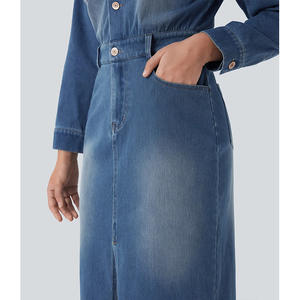 Vestido Midi de Mezclilla <span class=keywords><strong>para</strong></span> Dama Fabricante Personalizado 2025 Moda Casual Verano Otoño Invierno Vestido Camisero de Denim Azul <span class=keywords><strong>para</strong></span> <span class=keywords><strong>Mujer</strong></span> - Product Image 6