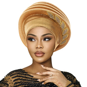 Turban africain Gele nigérian pour mariage, foulard auto-attachable pour <span class=keywords><strong>femme</strong></span> en tissu Aso Oke, élégant accessoire de <span class=keywords><strong>mode</strong></span> musulmane pour voyage et fête - Product Image 4