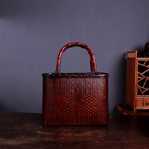 Handmade Bamboo Woven Tote Bag Solid Color Portable Women's Beach Bag Tea Set Storage Craft - Product Image 3