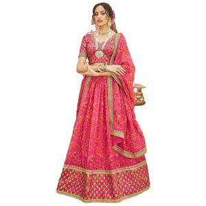 ชุด lehenga choli ผ้าออแกนแบบดั้งเดิมของผู้หญิงพิมพ์ลายดอกไม้สีชมพูสวยงาม - Product Image 1