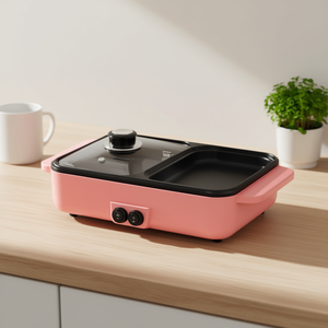 Grill électrique double module avec plaque amovible et contrôle de température réglable pour un usage domestique, 1500W, rose, aluminium - Product Image 2