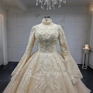 Jancember ANY30 Luxury Crystal Pearls Sequins champagne Muslim Evening Gowns - Product Image 3