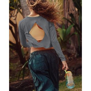 FOXA Womens Open Back <b>Crop</b> <b>Top</b> <b>Long</b> <b>Sleeve</b> Breathable Yoga Workout Shirt Athletic Running Casual Fit - Product Image 3