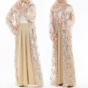 Best Selling Long Flared Sleeve Lace Floral Dubai Sequins Open Abaya Cardigan Muslim Dress Women Kaftan Jilbab