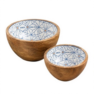 Handmade Mango Wood Bowls Set with Blue <b>Yellow</b> Floral and Leaf Design Rustic Eco Friendly Tableware - Product Image 1