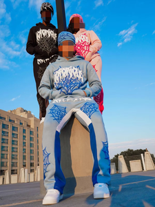 Survêtements d'hiver chauds pour hommes et garçons, 100% coton, survêtements de haute qualité, style ample, bleu clair, style empilé - Product Image 1