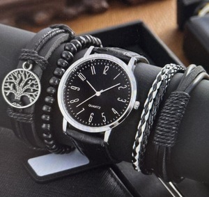 Men's Bracelet Leisure Business Leather Belt Watch Quartz Watch Bracelet Men Gift Jewelry Set