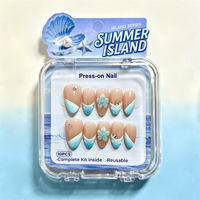 Faux ongles en gel souple réutilisables, à presser, motif fleur 3D et strass, forme amande, longueur moyenne, nude bleu clair, style French, 10 pièces