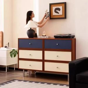 Vintage Bauhaus Style Color Blocked Six Drawer <b>Chest</b> Solid Wood Storage Cabinet For Living Room Bedroom <b>Small</b> Apartment - Product Image 1