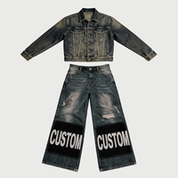 Ensemble 2 pièces streetwear pour homme : Veste en jean délavé avec logo personnalisé et jean large déchiré, patchwork, OEM ODM