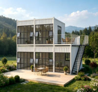 Villa conteneur modulaire haut de gamme à double étage avec vue sur le lac, grande façade vitrée, balcon et escalier extérieur pour parc panoramique