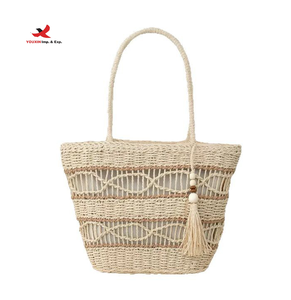 Sac fourre-tout en paille tressée souple et décontracté, avec fermeture éclair, anse unique, pompon, réglable, grande capacité, pour les vacances et la plage, vente en gros, prêt à expédier - Product Image 1