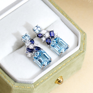 Boucles d'oreilles Messi Jewelry MSE-886 en or blanc 14 carats avec diamants et saphirs pour femmes - Product Image 3