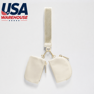 Porte-monnaie double pochette avec dragonne, mini portefeuille zippé, porte-clés portable, unisexe, en nylon et cuir beige, style minimaliste - Product Image 1