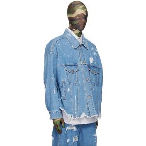 Veste en jean bleu déchiré à bords effilochés et délavés pour homme - Product Image 2
