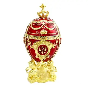 Caja de joyería grande de Metal, caja de joyería de corona de huevo de Faberge ruso, rojo real, decoración del hogar