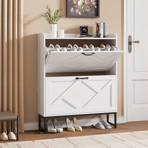HANYEE - Zapatero Blanco XDesign con 2 Cajones Abatibles, Estantes Ajustables, Protección Antivuelco, Ganchos Laterales, Patas de Metal - Product Image 1