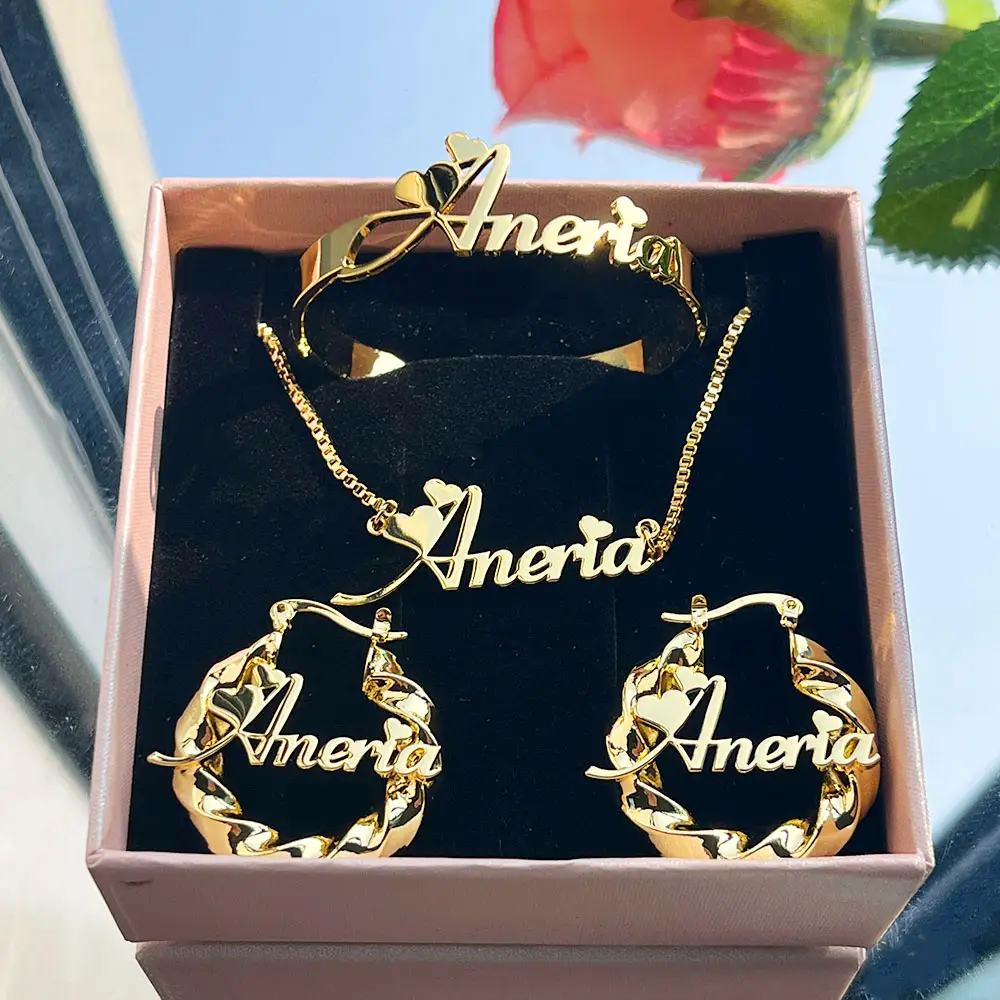 QIUHAN anting-anting nama kustom baja tahan karat 4pcs Set perhiasan kalung lingkaran