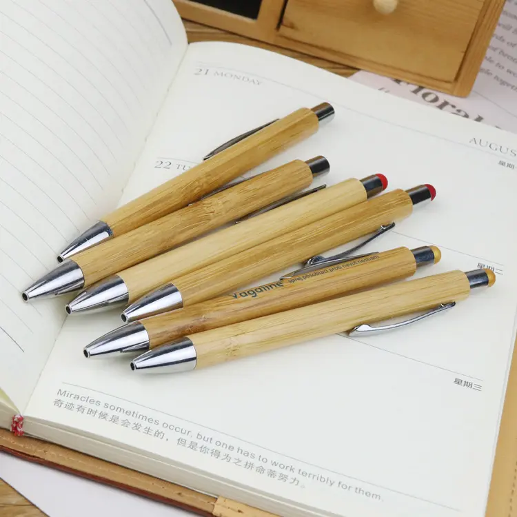 Pena bambu kustom promosi alami dengan stylus terukir pena pulpen Gel kayu ramah lingkungan dengan Logo
