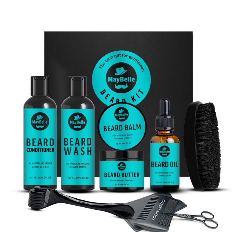 Pequeño MOQ logotipo personalizado regalo de los hombres conjunto de cuidado de la barba Derma rodillo Natural barba aceite Champú Acondicionador barba crecimiento Kit