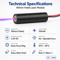 Nouveau module laser UV professionnel 405 nm 100 mW 3,0 V à diode haute puissance, haute précision pour gravure, polymérisation, fluorescence, taille compacte, certifié CE